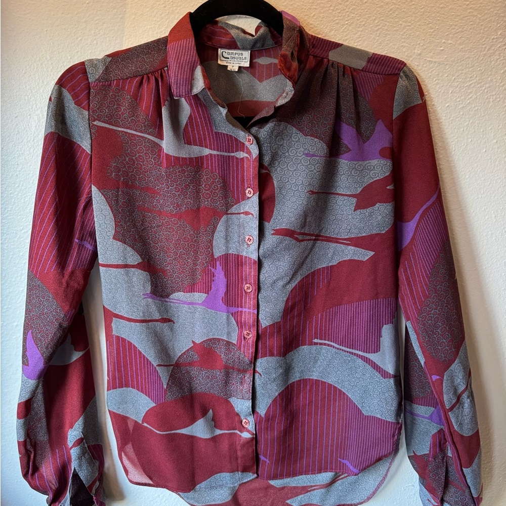Vintage burgundy and grey blouse with abstract bird pattern